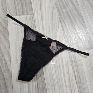 Victoria's Secret Black Stretch Cotton Polka Dot Mesh V-String Panty Size L